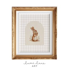 a painting of a rabbit sitting in front of a white and beige checkered background