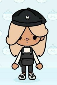 a cartoon girl wearing a black hat and overalls