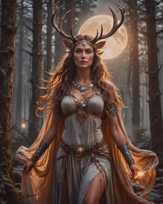 a woman dressed as a deer in the woods with horns on her head and long hair