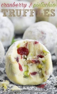 white chocolate truffles with cranberry and pistachio filling on top