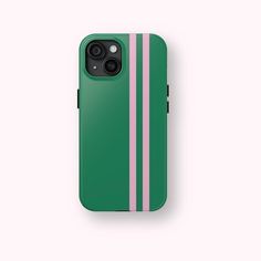 a green phone case with pink stripes on the front and back side, against a white background