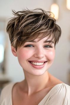 33 Gorgeous Pixie Haircuts for 2024 - The Hairstyle Edit Texturized Pixie Haircut, Brunette Pixie With Highlights, Side Swept Pixie, Pixie Highlights, Pixie Cut Shaved Sides, Longer Pixie, Low Taper Fade Haircut, Chemo Hair, Sassy Haircuts