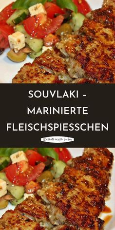 some meat and vegetables on a plate with the words souvlaki - marinette