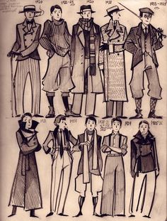 an old fashion drawing shows men and women in different outfits