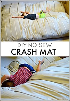 two photos with the words diy no sew crash mat and a child laying on it