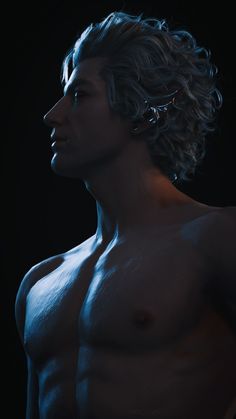 a man with no shirt standing in front of a black background and looking off to the side