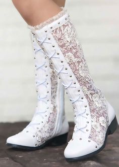 Our most amazing boot to date, these lace boots are to die for! This sheer lace boot has so many details, you will be wanting a pair for yourself! Lace details and chic metal studs make up the front boot, while a side zip makes getting them on and off super easy. The lace is soft and not scratchy. These are so darling with our dresses, truly a photographers dream. Lace & PU upper, rubber sole, side zip. Bride Boots, Lace Frocks, Wedding Boots, Formal Accessories, Fairy Wedding, Trendy Boots, Girls Boots, Tall Boots, Lace Boots