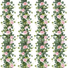 pink roses and green leaves are arranged in a vertical row on a white background,