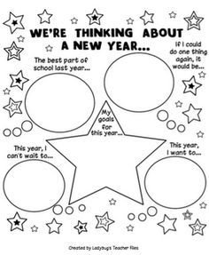 a new year coloring page with stars and bubbles in the background, which reads we're thinking about a new year