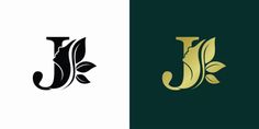 the letter j is made up of leaves and letters that are black, white, and gold