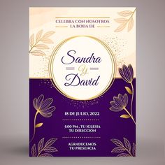 an elegant wedding card with gold leaves on purple and white background, the words julia and frank