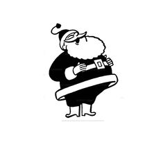 a black and white drawing of santa claus holding a skateboard in his hands,