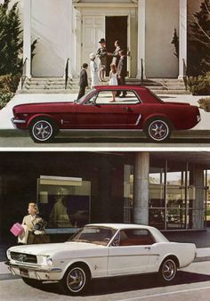 two old cars parked in front of a building with people standing on the top floor