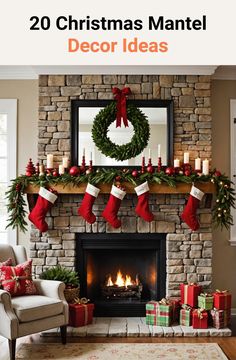 christmas mantel decorated with stockings, stockings and candles in front of a fire place