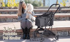 a woman sitting on the steps with her pet stroller