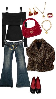 a woman's outfit with leopard print, jeans and red purse is shown in this image