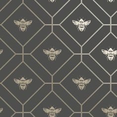 a pattern with bees on it in grey and beige colors, which are also available for wallpaper