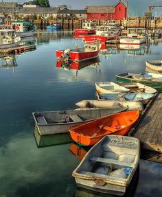 many small boats are docked in the water near a dock with red and white buildings