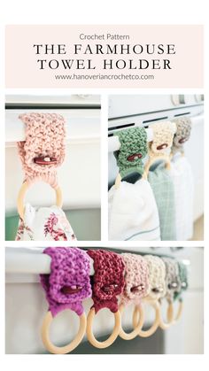 crochet pattern for the farmhouse towel holder, with four different colors and sizes