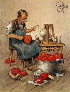 a drawing of a man sitting in front of a bowl full of tomatoes and an artist's easel