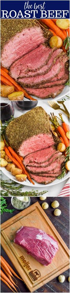 roast beef with carrots, potatoes and garlic on a platter