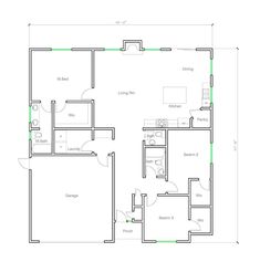 the floor plan for a two bedroom apartment with an attached kitchen and living room area