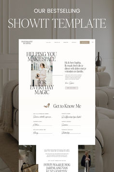 the website design for showitt is displayed in white and black colors, with an image of a woman standing next to a couch