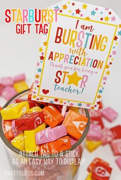 i am bursting with appreciation sticker in a cup filled with candy candies