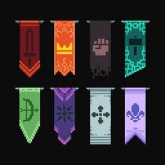 pixel art style banners with different colors and shapes