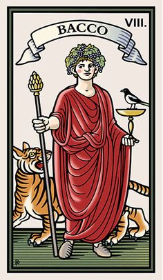 a tarot card with an image of a man holding a staff and two cats