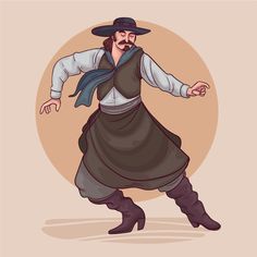 a man dressed in an old - fashioned outfit and hat is dancing with his arms outstretched