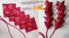 two pictures showing how to make decorative fabric flowers