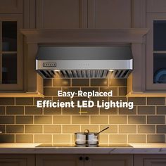 an image of a kitchen with the words easy - replaced efficient led lighting on it