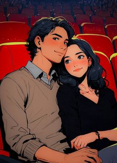 a man and woman sitting next to each other in front of a red theater seat