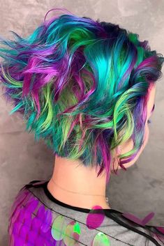 Stunning Ideas Of Galaxy Hair: Explore the Colors of the Universe ★ Edgy Hair Pixie, Crazy Hair Color Ideas Short, Short Hair Multi Color, Hair Color Bright Colors, Colorful Hair Ideas For Short Hair, Hair Fashion Color Ideas, Short Galaxy Hair, Short Hair Rainbow Color, Bright Hair Color Ideas Short