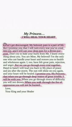 a poem written in pink ink with the words,'my princess i will heal your heart