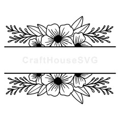 a flower border with leaves and flowers on the bottom, in black and white ink