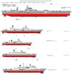 four different types of ships in red and white