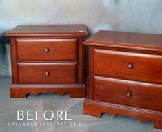 two wooden nightstands side by side against a wall