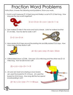 the worksheet for fraction word problems is shown in red and white, with an image of a man on skis