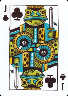 a playing card with an image of a frog on it's face and two hands