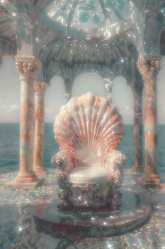 a shell chair sitting in the middle of an ocean with columns and arches around it