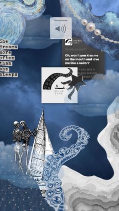 an artistic collage with images and words about the sky, water, and other things