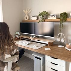 Desk set up gaming room minimal cozy gamer girl boho monitors headphones desk decor brown neutral aesthetic home decor home interior gaming room ideas vintage cottagecore decor ideas Desk Inspiration, Workspace Inspiration, Home Office Space