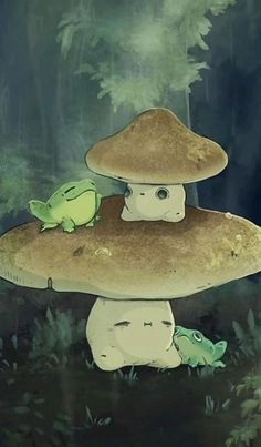 a mushroom with two frogs sitting on it's back in the forest by itself