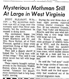 an old newspaper article about the mysterious mothman still at large in west virginia