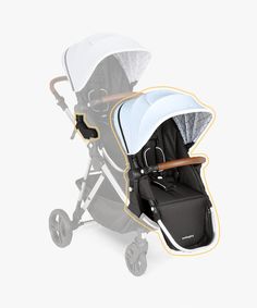 the baby stroller is shown with its seat folded up and facing away from the camera