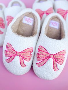 Bow Slippers, Coquette style bow S: size 7, european 37/38 M: size 8, european 39/40 L: size 9, european 41/42 Xl: size 10, european 43/44 Hard soles (light outdoor use) - Embroidered bow Pair them with one of our pajama sets to complete your loungewear look. Bow Slippers, Coquette Bows, Easter Sale, Exclusive Shoes, Disco Ball, Cute Bows, Christmas Wishlist, Pink Bow, Spring Collection