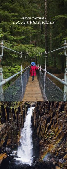 a person walking across a bridge over a waterfall