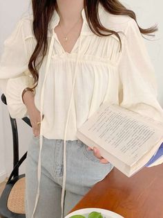 DAZY Solid Tie Neck Bishop Sleeve Blouse | SHEIN USA Tops For Women Korean, Blouse Korean Style, Bishop Sleeve Blouse, Korean Blouse, Top Summer Outfits, Waistcoat Woman, Modest Fashion Hijab, Quick Outfits, Front Tie Shirt